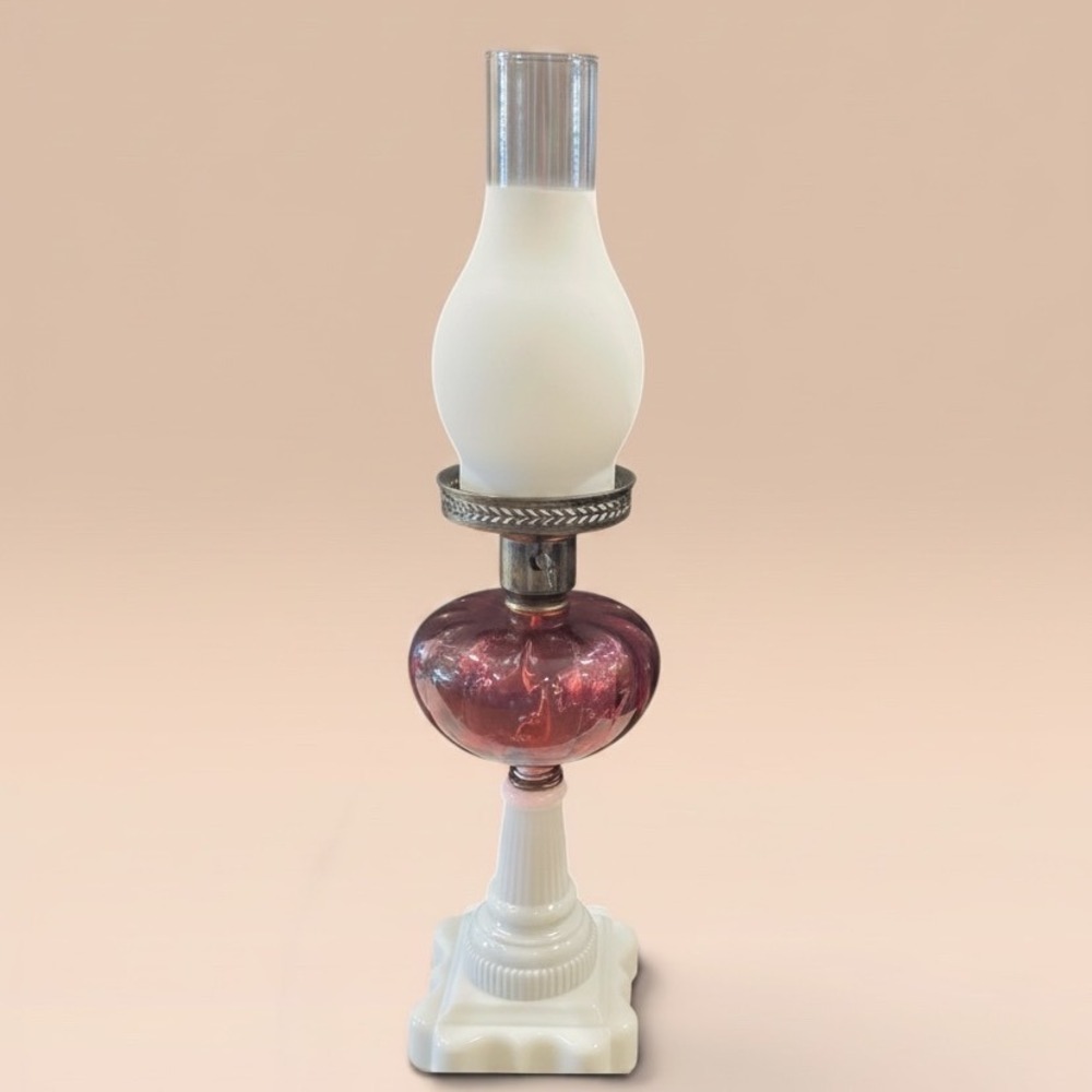Vintage Electric Hurricane Lamp Cranberry Glass White Milk Glass 23.5 Inch
